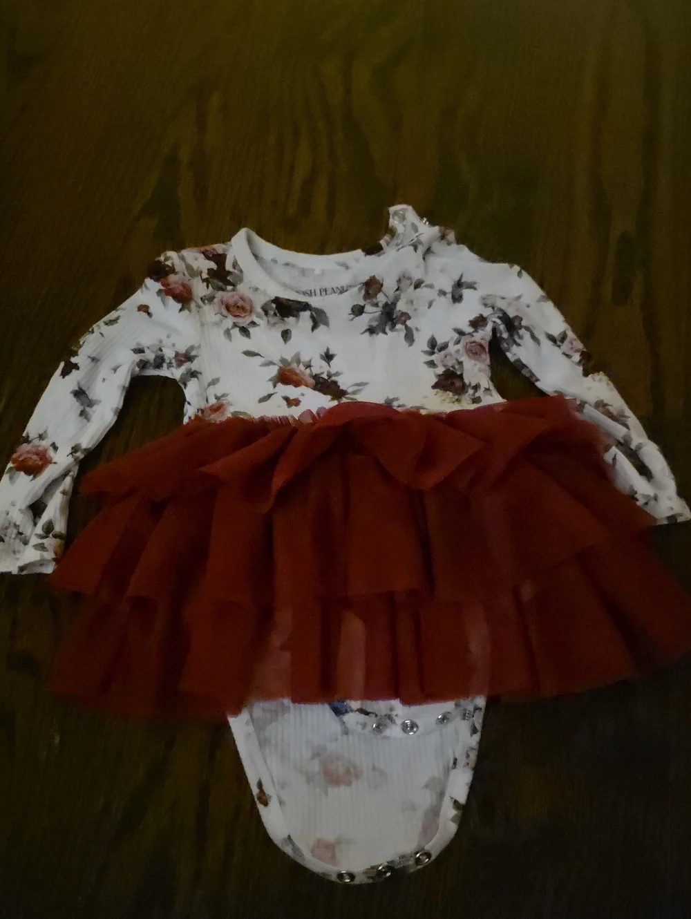 Posh Peanut White Floral Ribbed Bodysuit with Burgundy Tulle Skirt